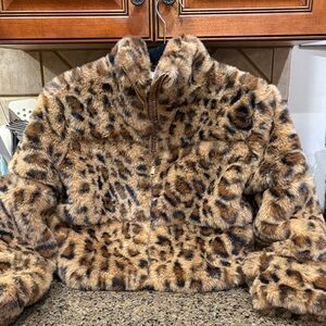 Crown & Ivy Faux Fur Leopard Bomber Jacket - Brown/Black